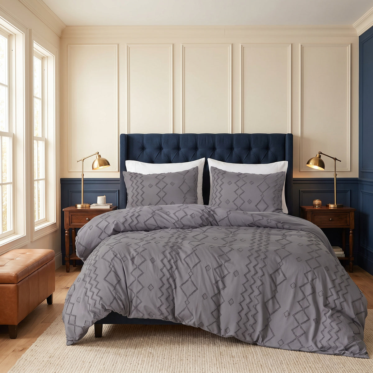 Marlin Tufted Jacquard Grey Duvet Cover Set in a room