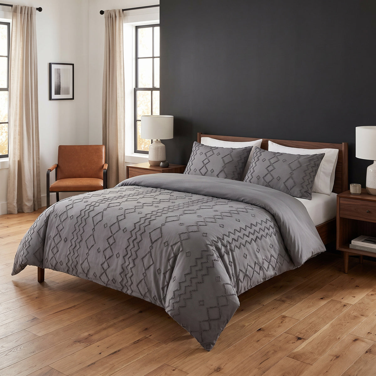 Marlin Tufted Jacquard Grey Duvet Cover Set in a room