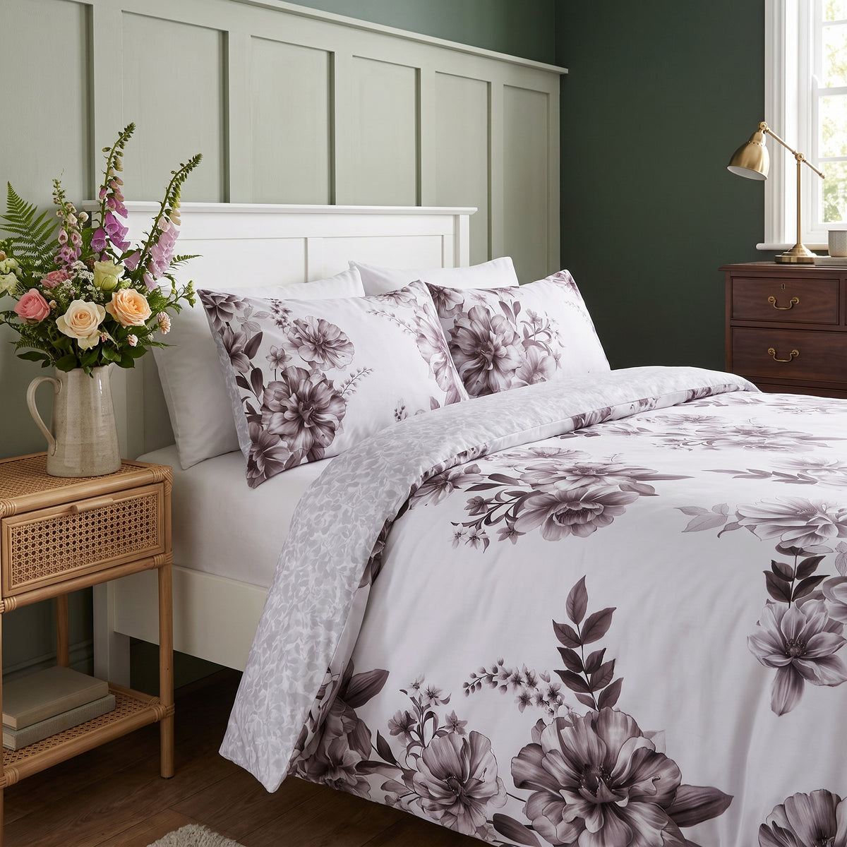 Juno Jacquard Microfiber White and Plum Duvet Cover Set in a room