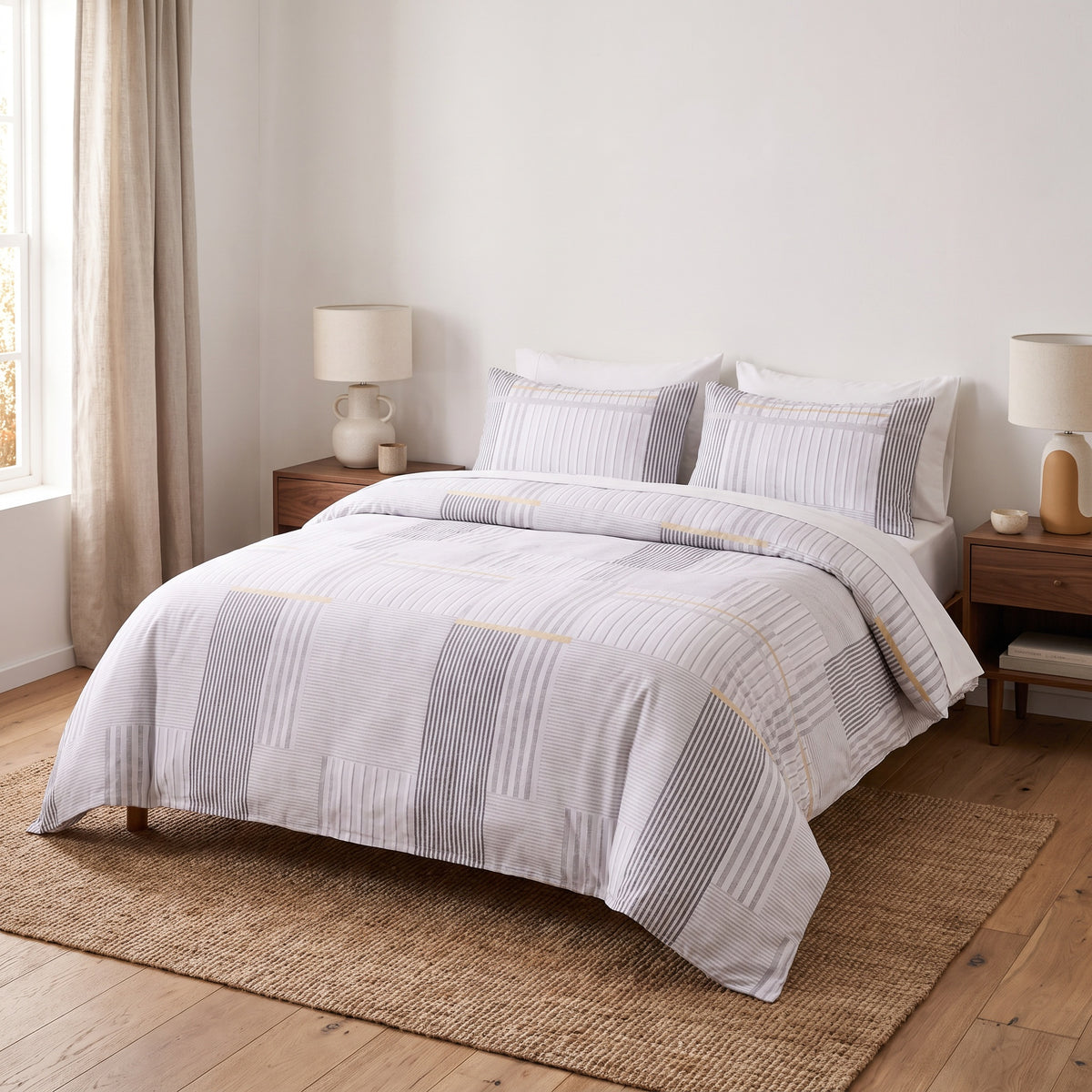 Wrenna Cotton Light Grey Duvet Cover Set in a room