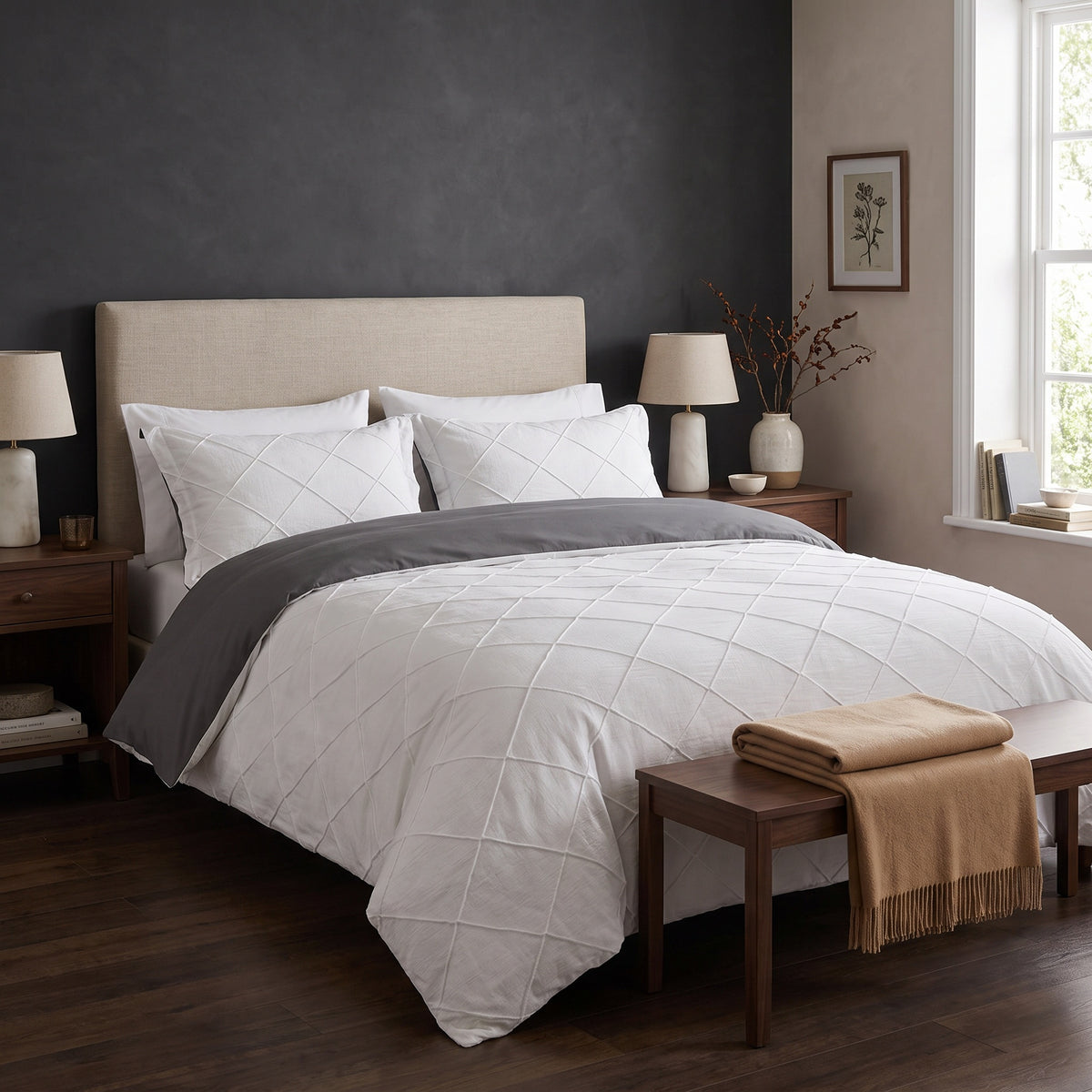 Brae Textured Cotton White Duvet Cover Set in a room