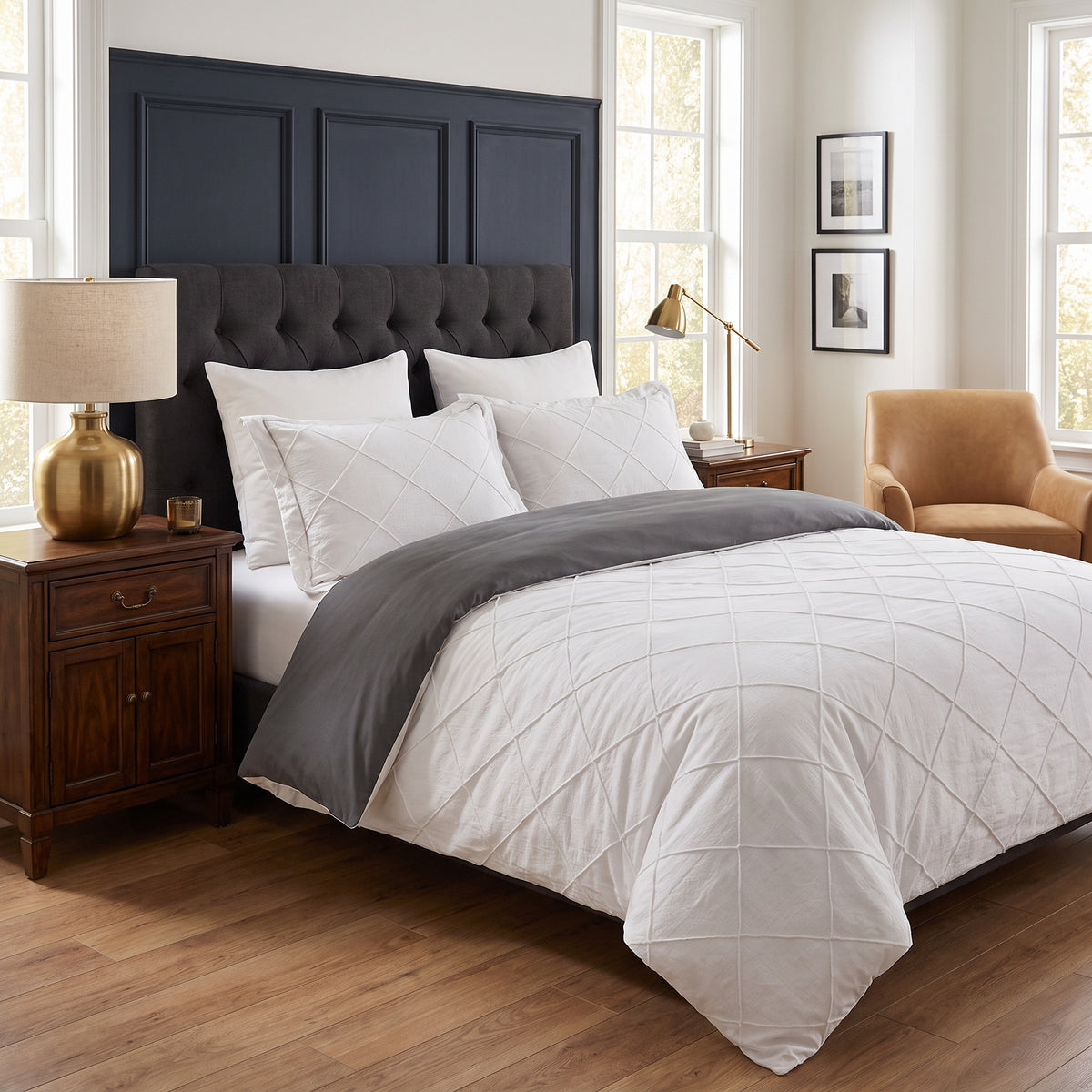 Brae Textured Cotton White Duvet Cover Set in a room