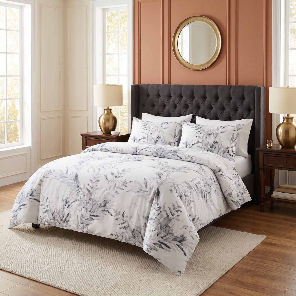 Juno Jacquard Microfiber Grey Duvet Cover Set in a room
