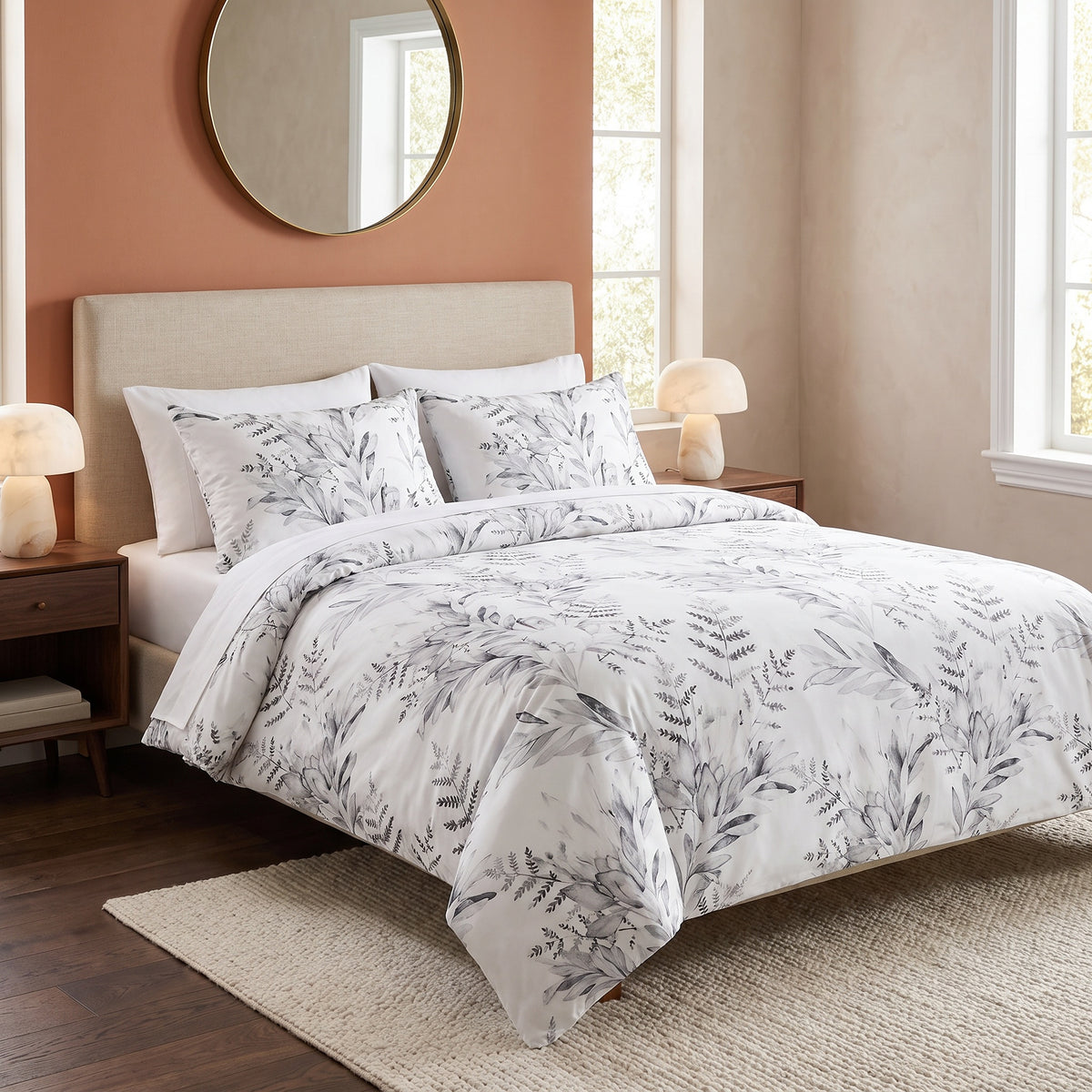 Juno Jacquard Microfiber Grey Duvet Cover Set in a room