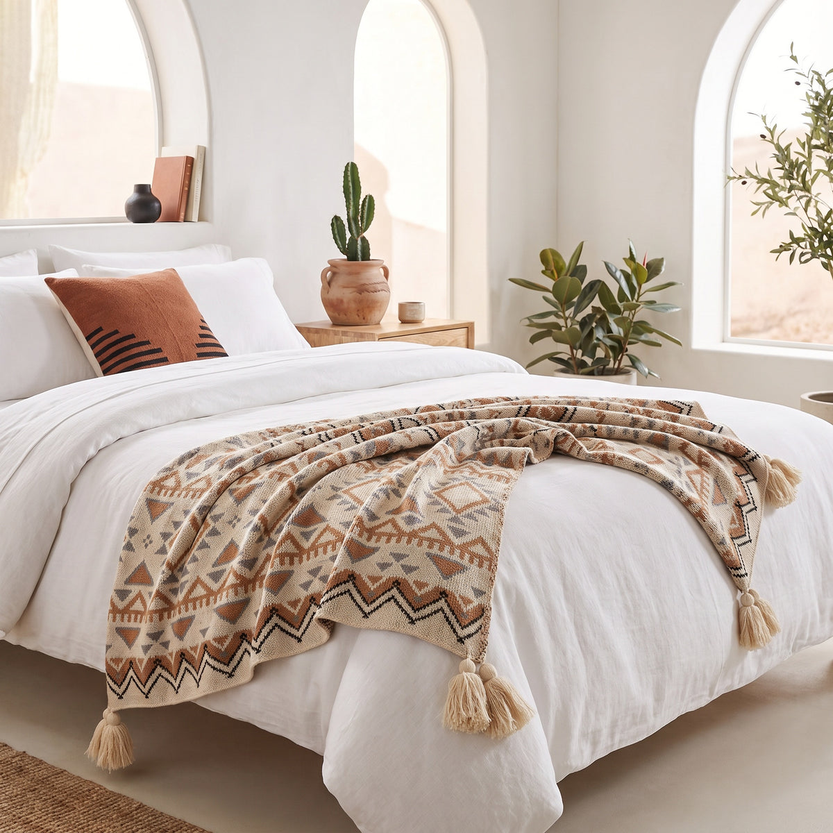 Alden Acrylic Beige, Rust and Black Throw in a room