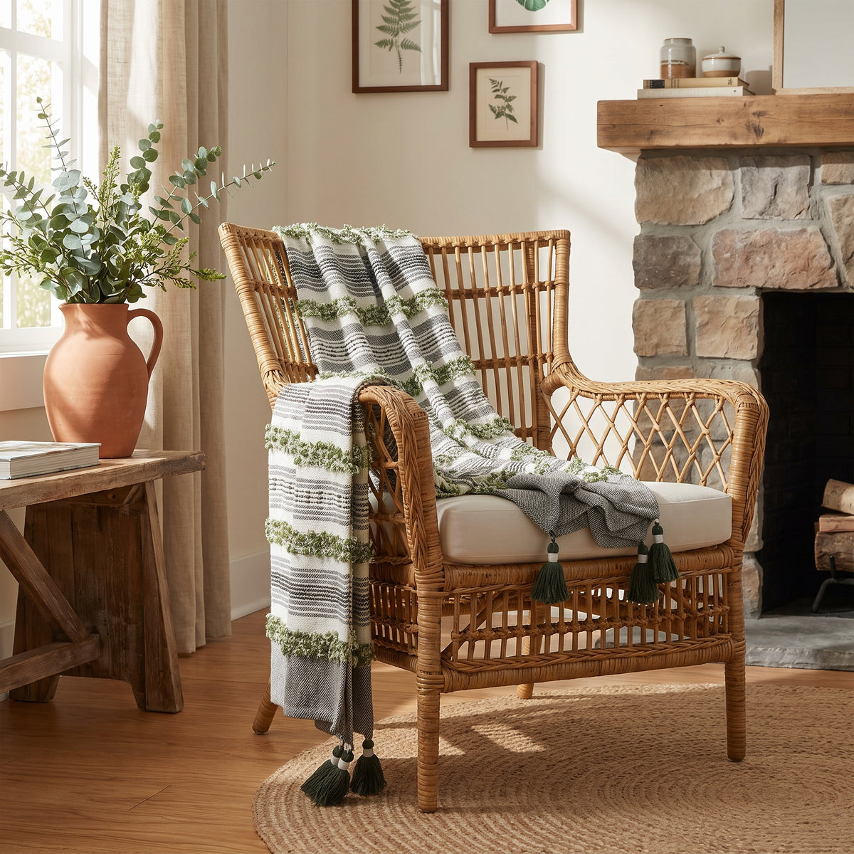 Sova Cotton Grey and Green Throw in a room