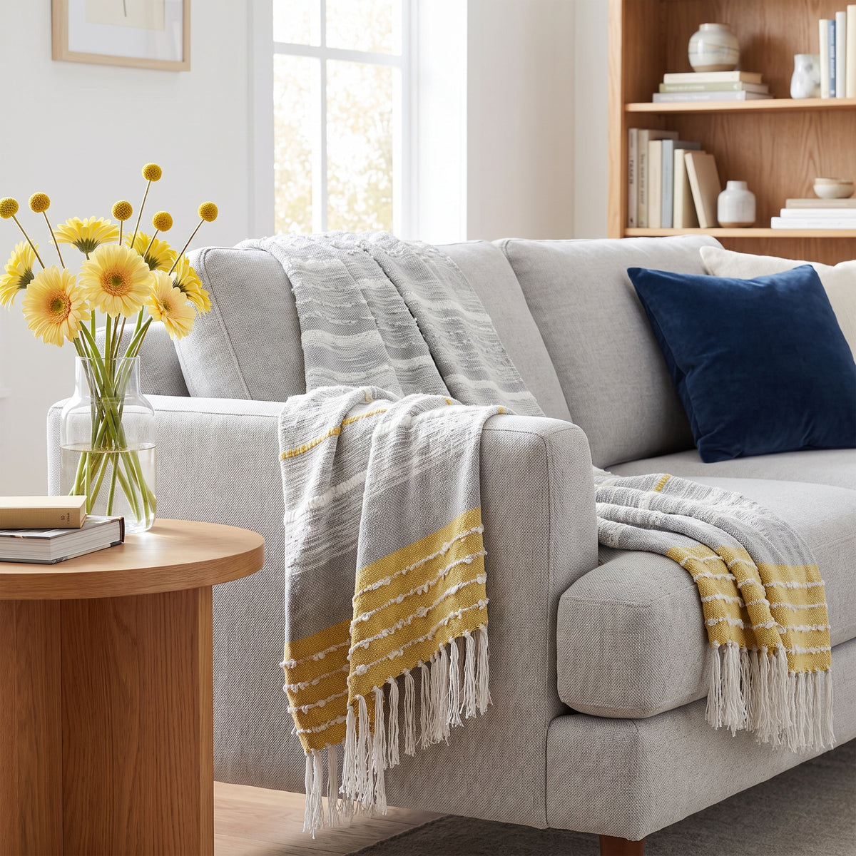 Sova Cotton Grey and Yellow Throw in a room