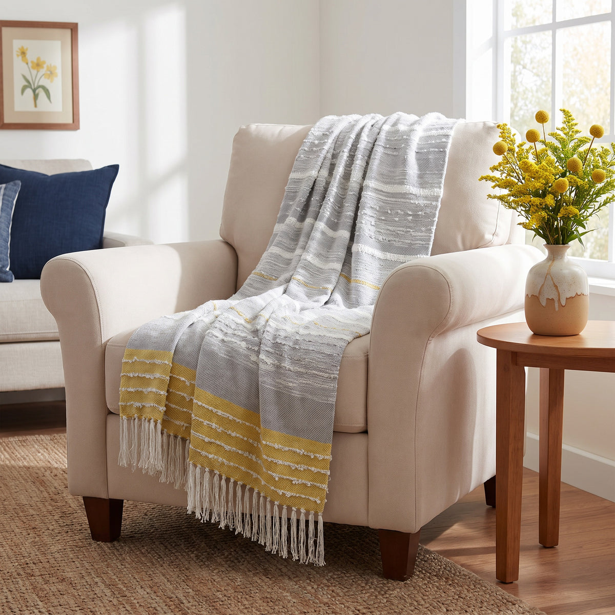 Sova Cotton Grey and Yellow Throw in a room