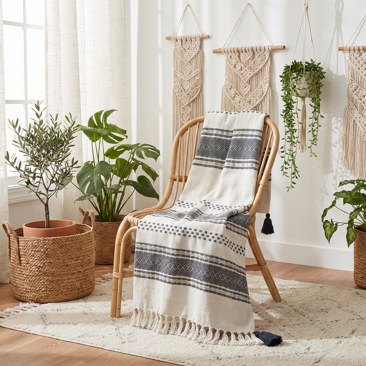 Sova Cotton Ivory and Grey Throw in a room