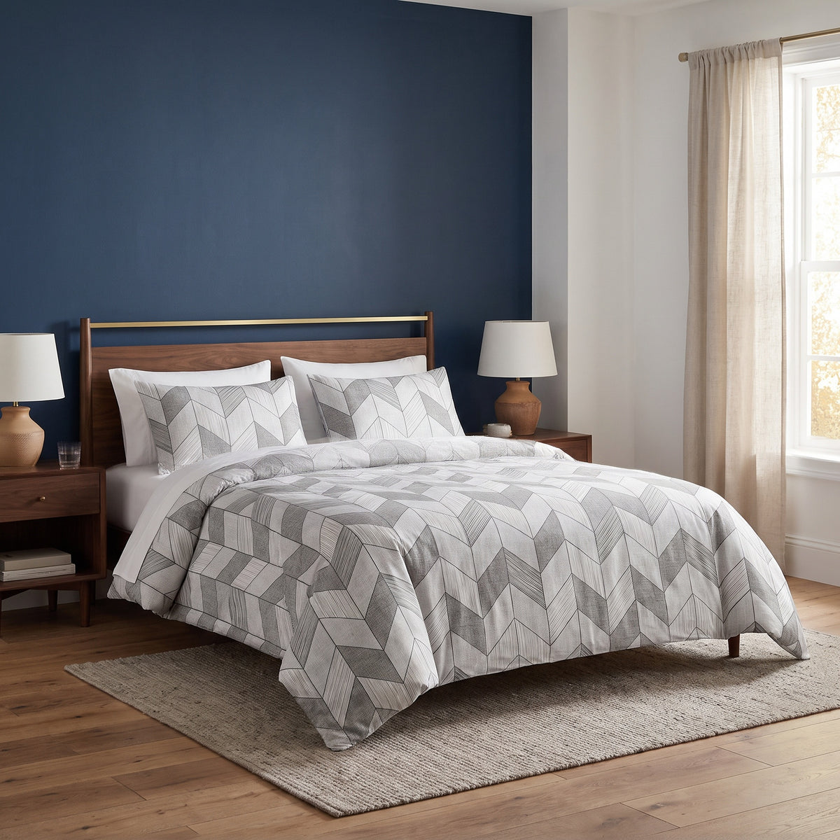 Isla Jacquard Microfiber Grey Duvet Cover Set in a room