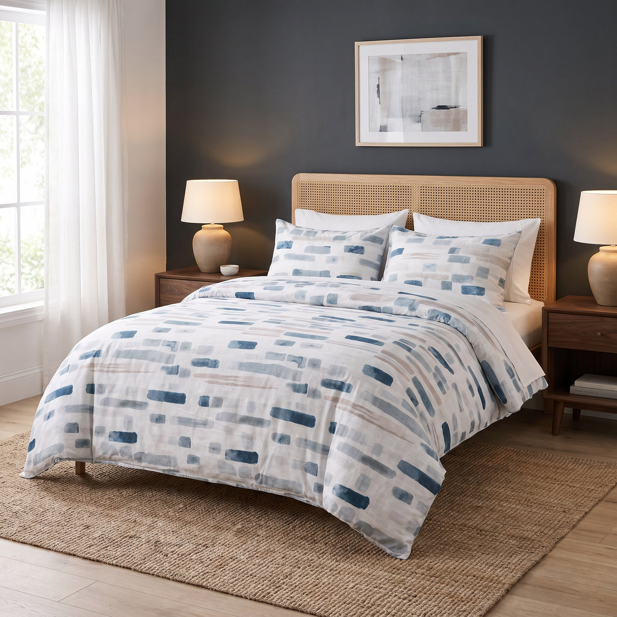 Juno Jacquard Microfiber Grey and Blue Duvet Cover Set in a room