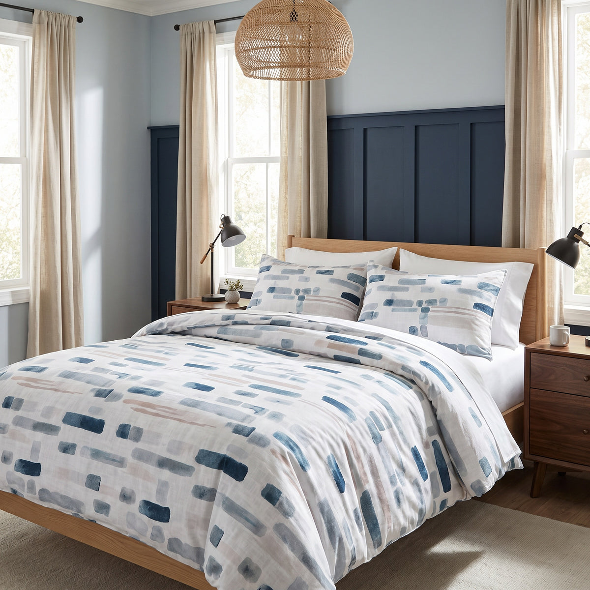 Juno Jacquard Microfiber Grey and Blue Duvet Cover Set in a room
