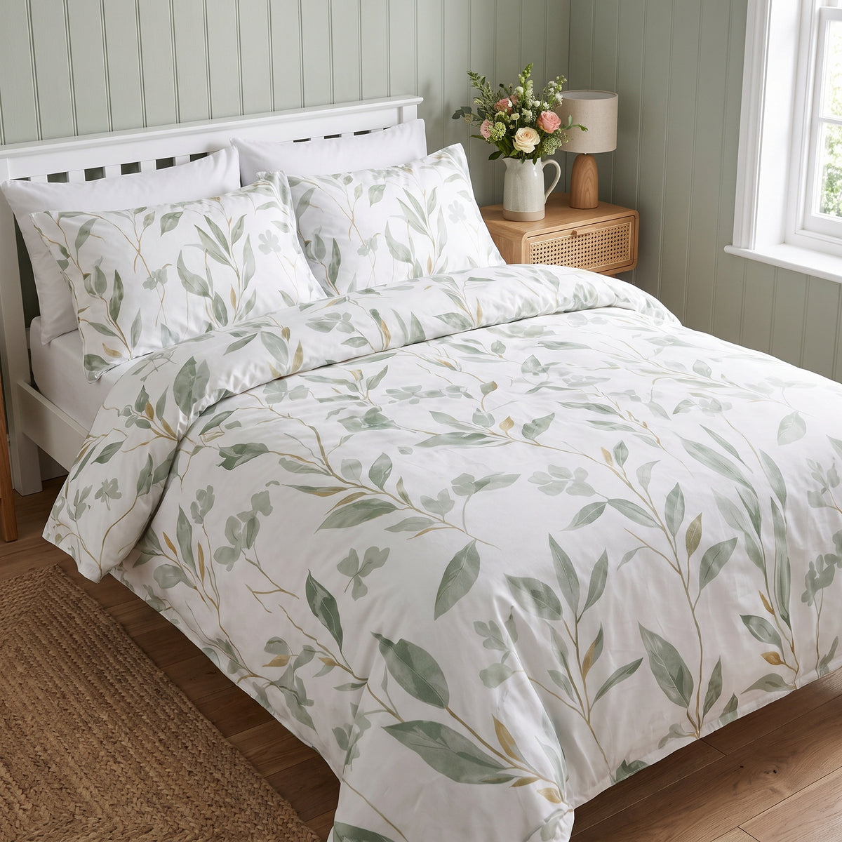 Wrenna Cotton White and Green Duvet Cover Set in a room