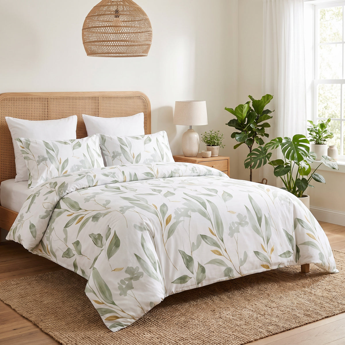 Wrenna Cotton White and Green Duvet Cover Set in a room