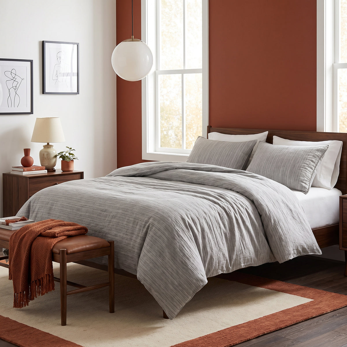 Brae Textured Cotton Grey Duvet Cover Set in a room