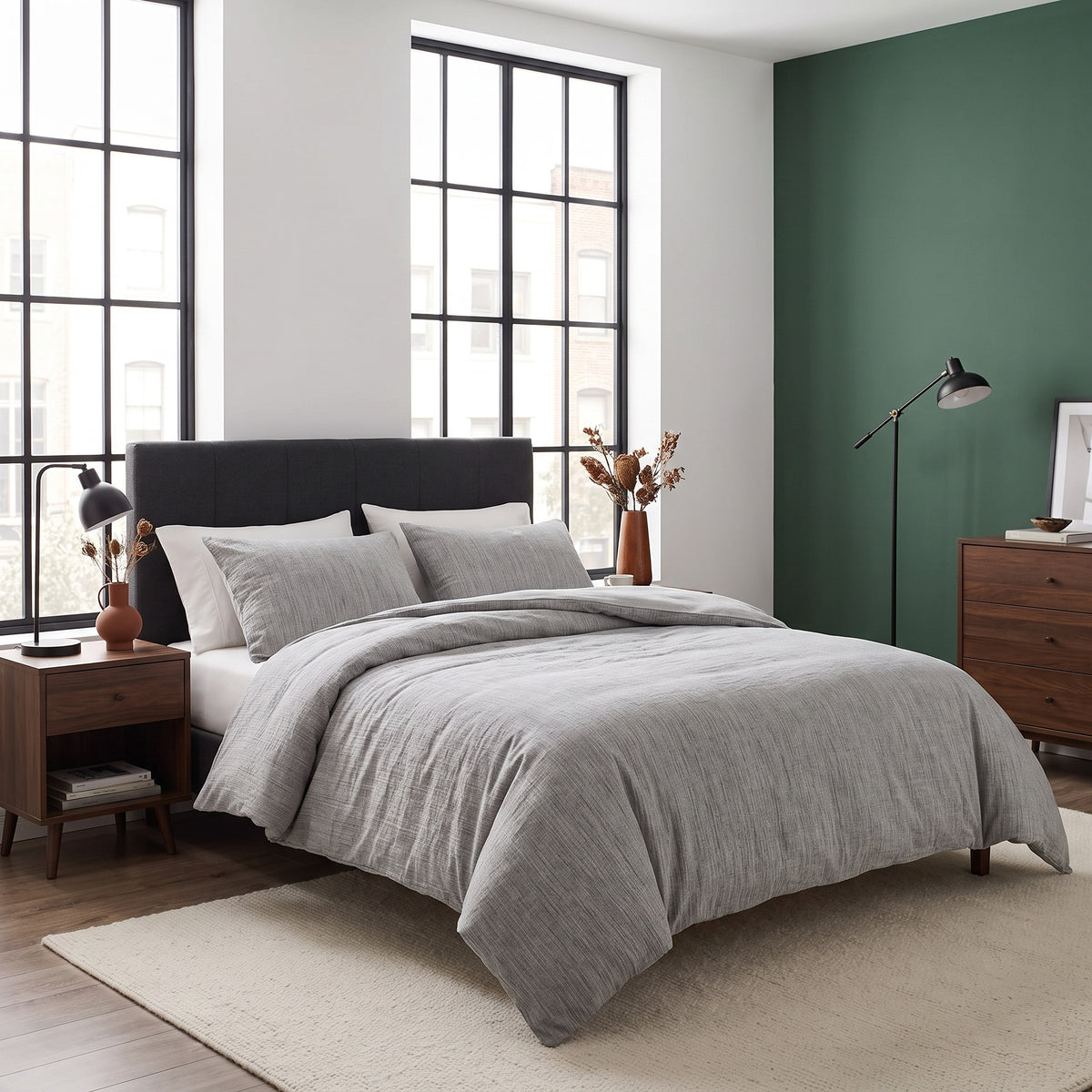 Brae Textured Cotton Grey Duvet Cover Set in a room