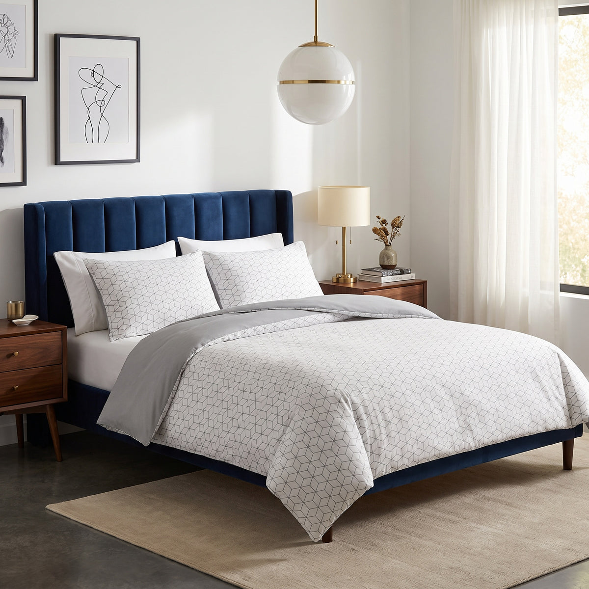 Isla Jacquard Microfiber White Duvet Cover Set in a room