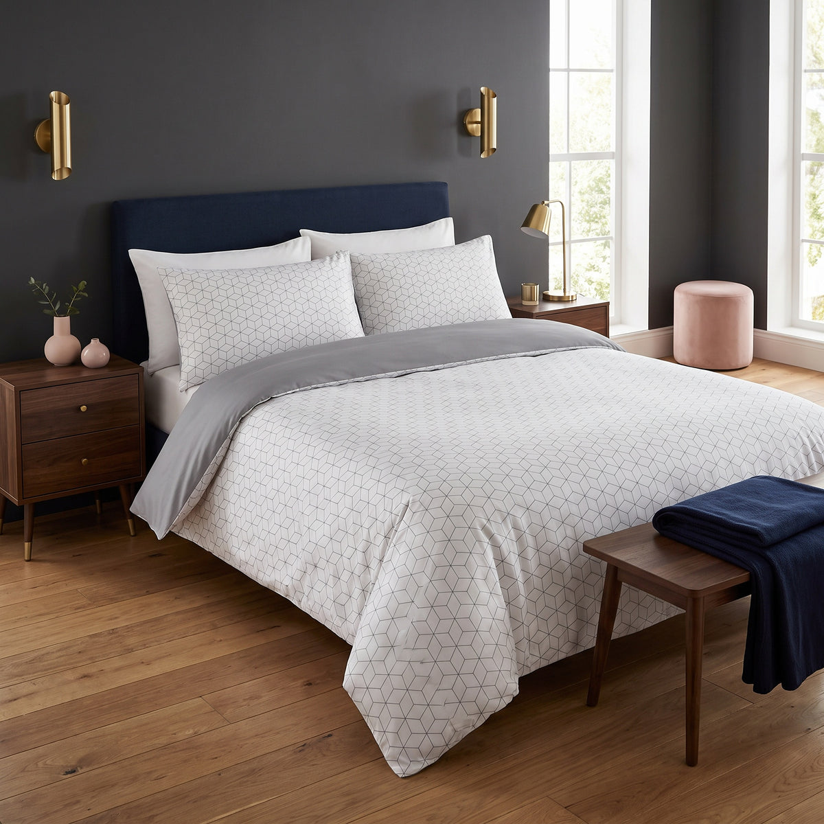 Isla Jacquard Microfiber White Duvet Cover Set in a room
