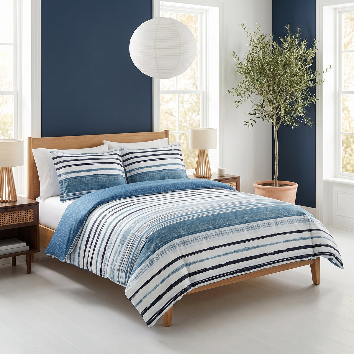 Juno Jacquard Microfiber Blue Duvet Cover Set in a room