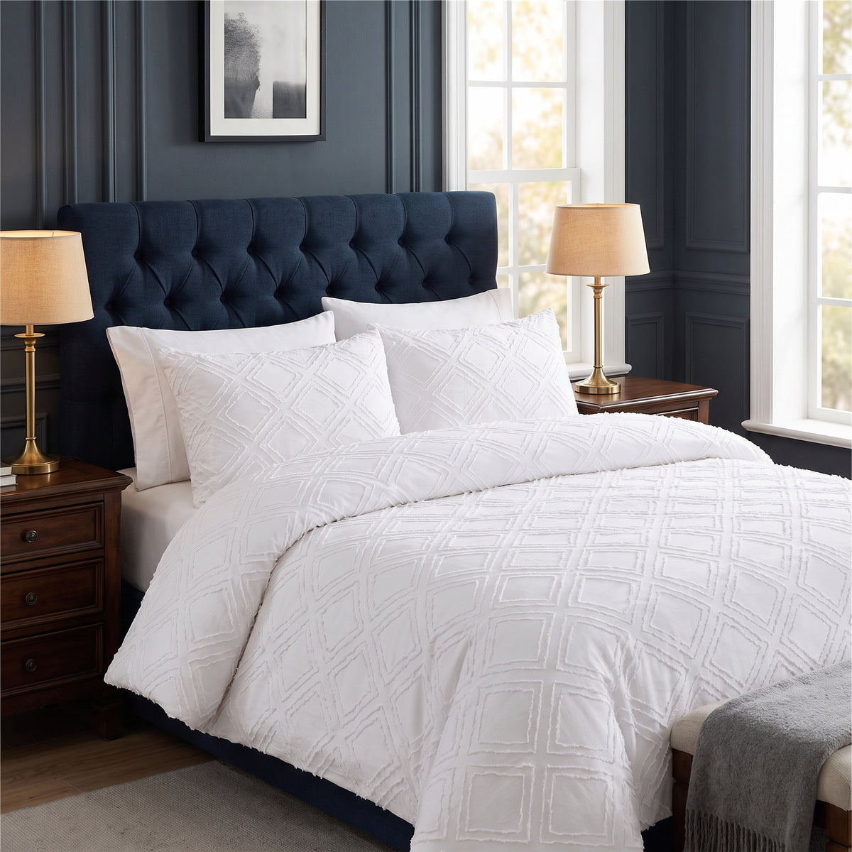 Marlin Tufted Jacquard White Duvet Cover Set in a room