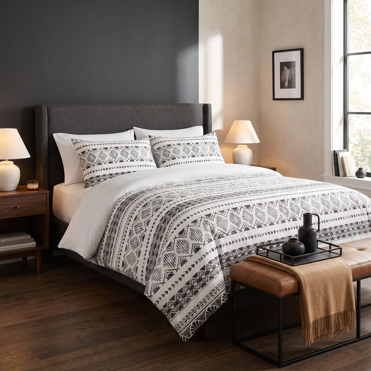 Juno Jacquard Microfiber White Duvet Cover Set in a room