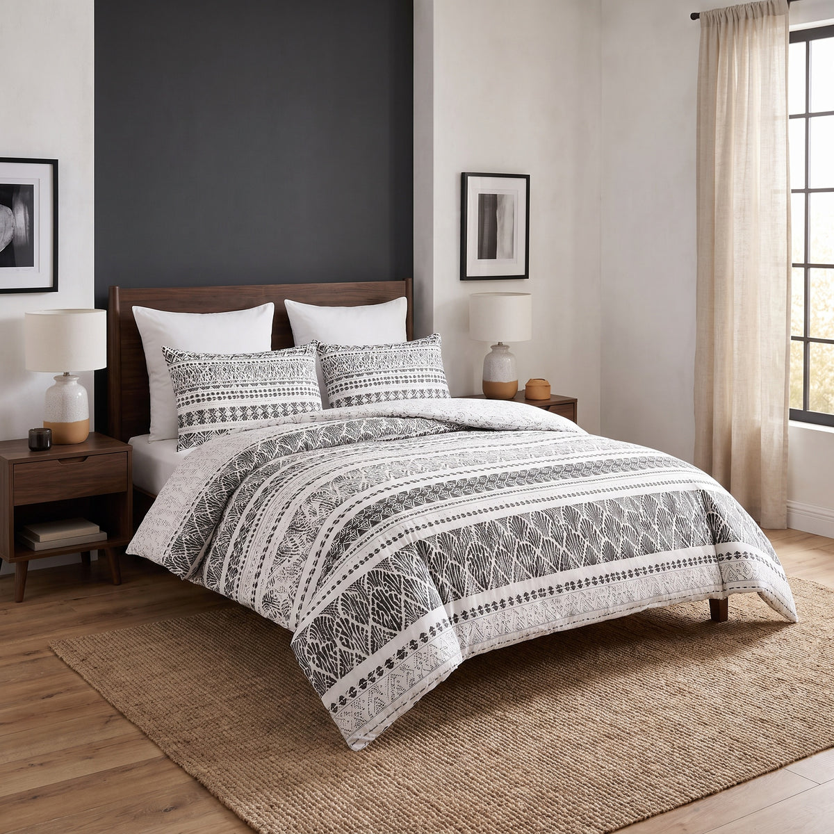 Juno Jacquard Microfiber White Duvet Cover Set in a room