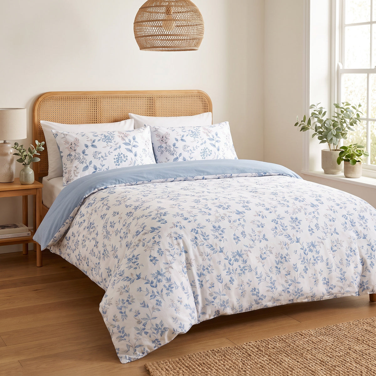 Wrenna Cotton White and Blue Duvet Cover Set in a room