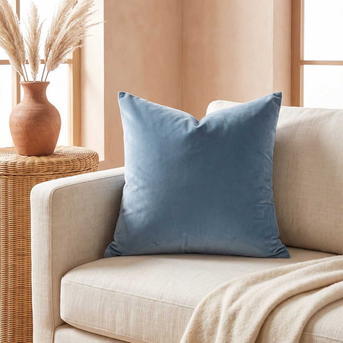 Lumo Velvet Water Blue Pillow in a room