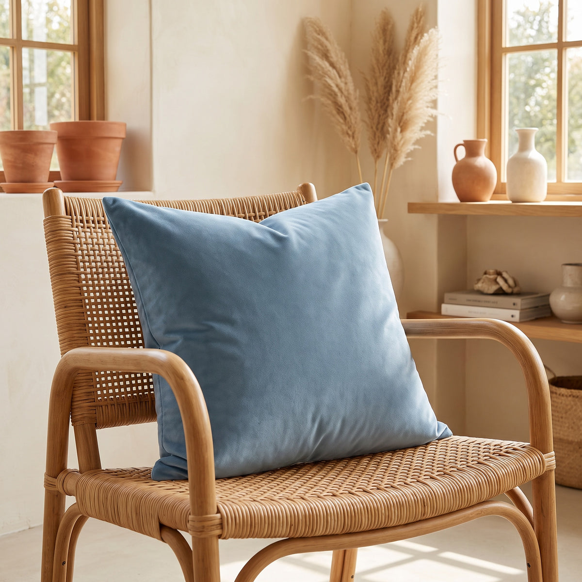 Lumo Velvet Water Blue Pillow in a room