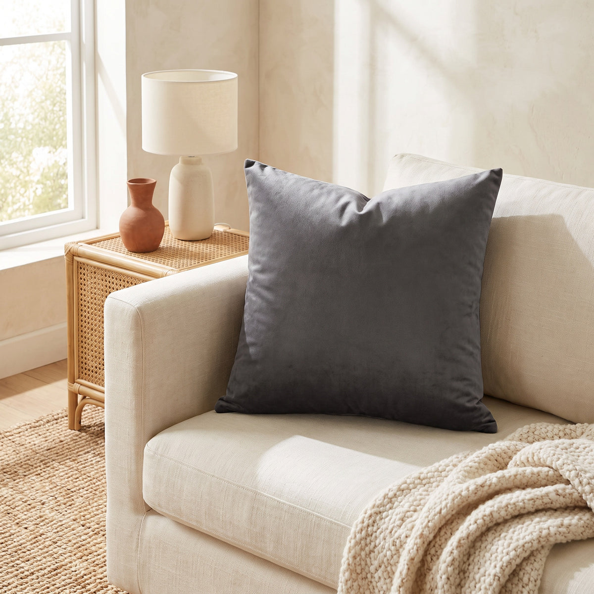 Lumo Velvet Dark Grey Pillow in a room