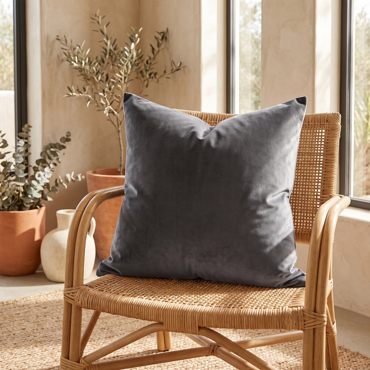Lumo Velvet Dark Grey Pillow in a room