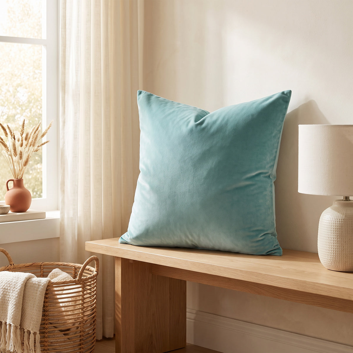Lumo Velvet Water Green Pillow in a room