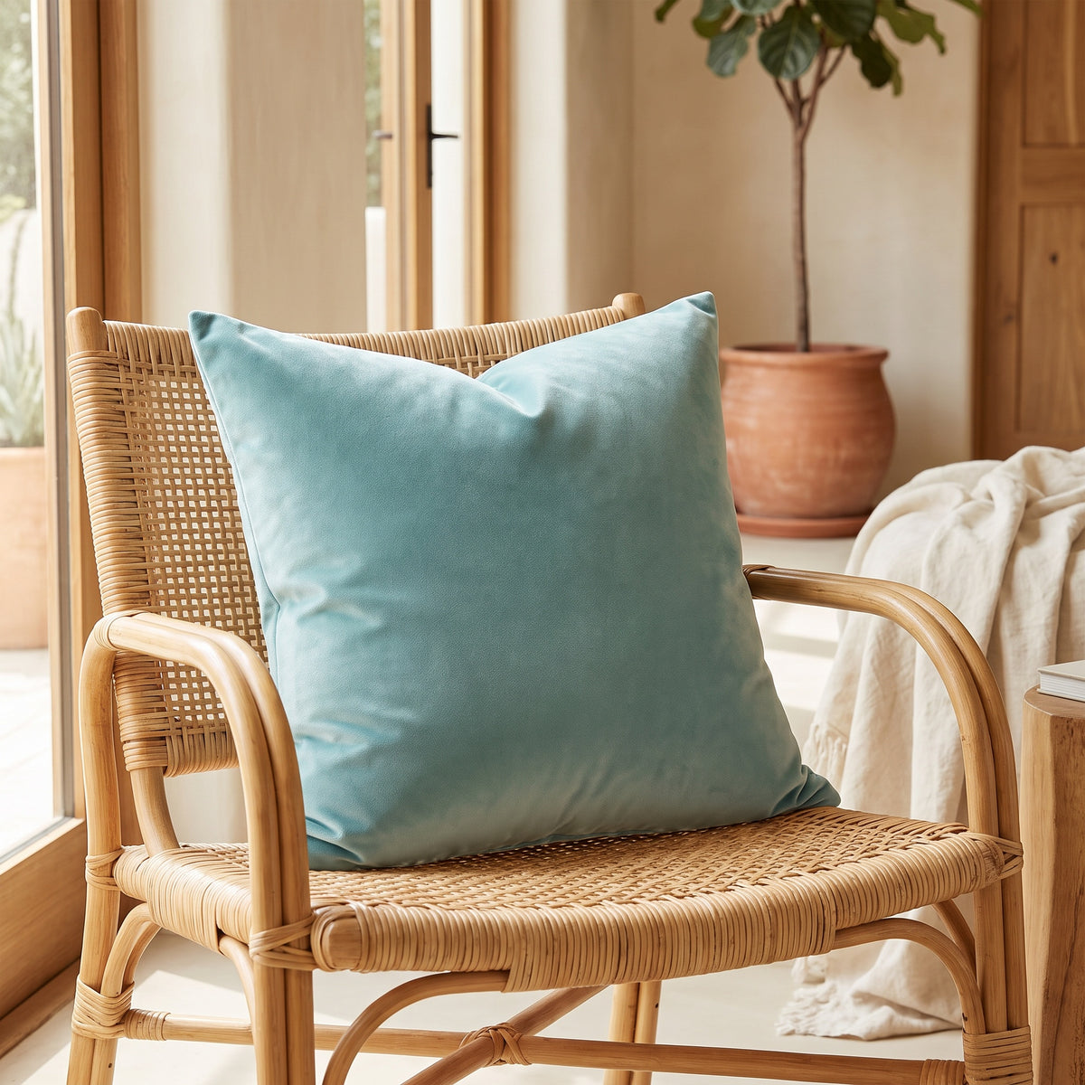 Lumo Velvet Water Green Pillow in a room