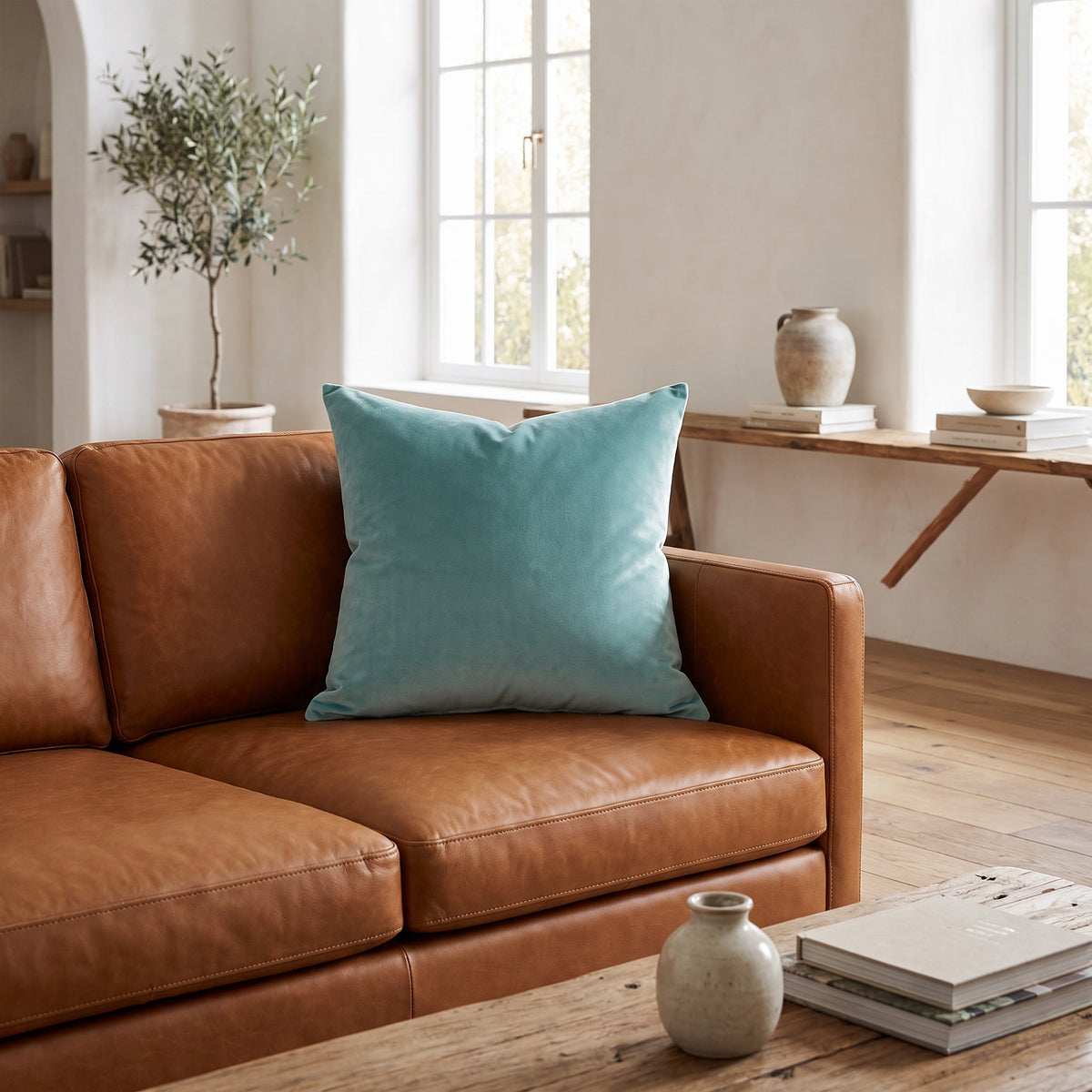 Lumo Velvet Aqua Pillow in a room