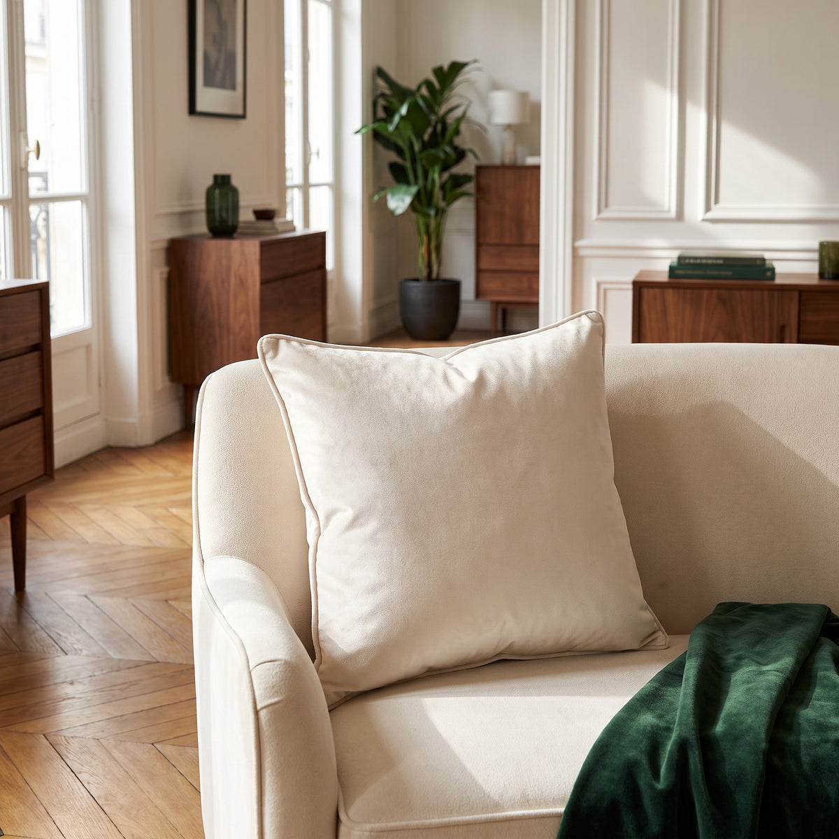 Lumo Velvet Ivory Square Pillow in a room