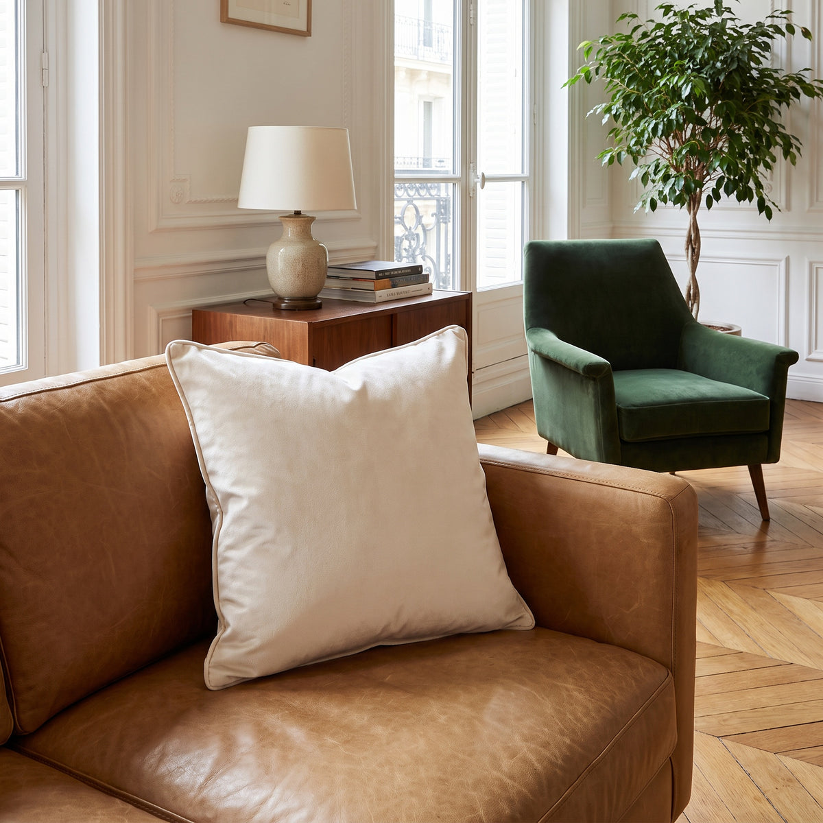 Lumo Velvet Ivory Square Pillow in a room