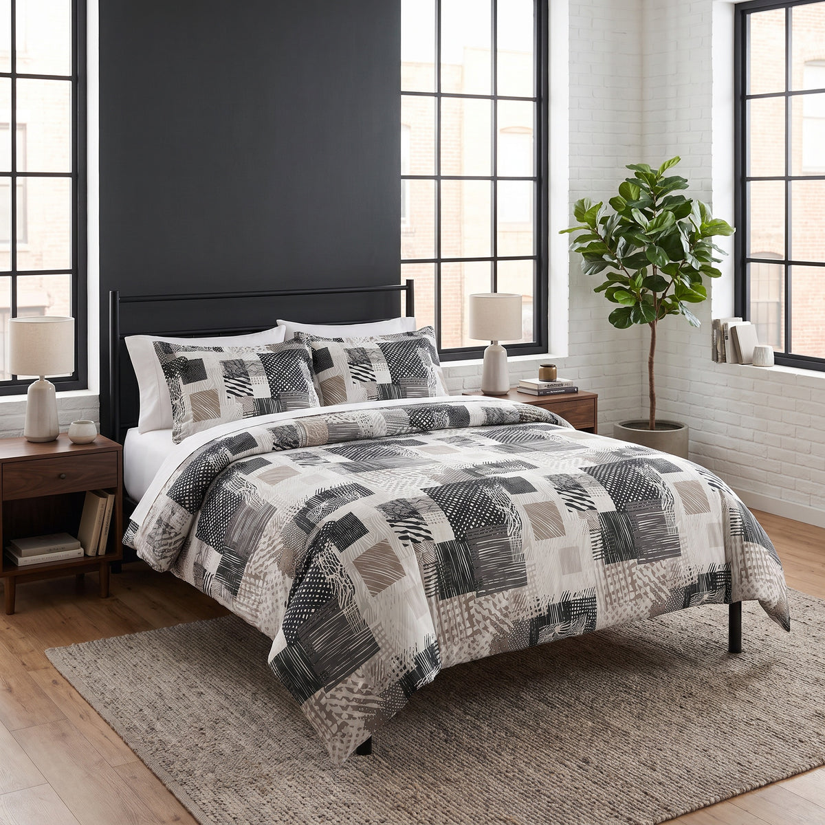Juno Jacquard Microfiber Taupe Duvet Cover Set in a room