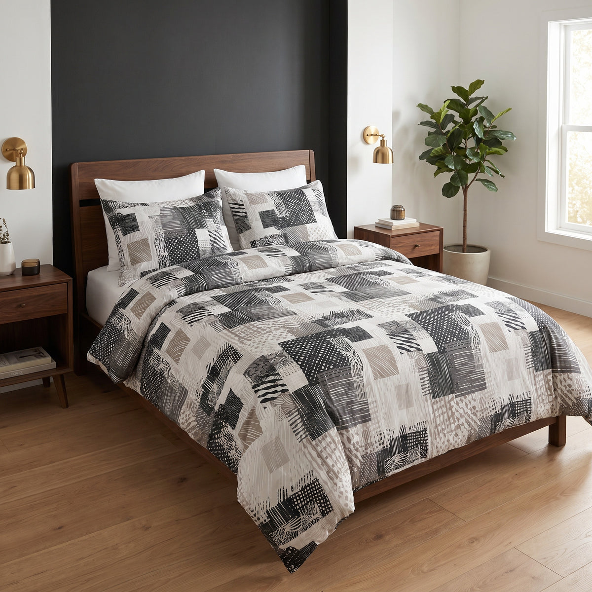 Juno Jacquard Microfiber Taupe Duvet Cover Set in a room