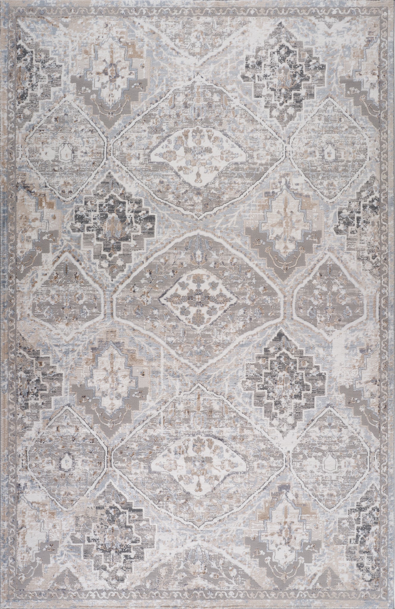 Sukoon Diamond Medallion Traditional Grey and Beige Indoor Rug