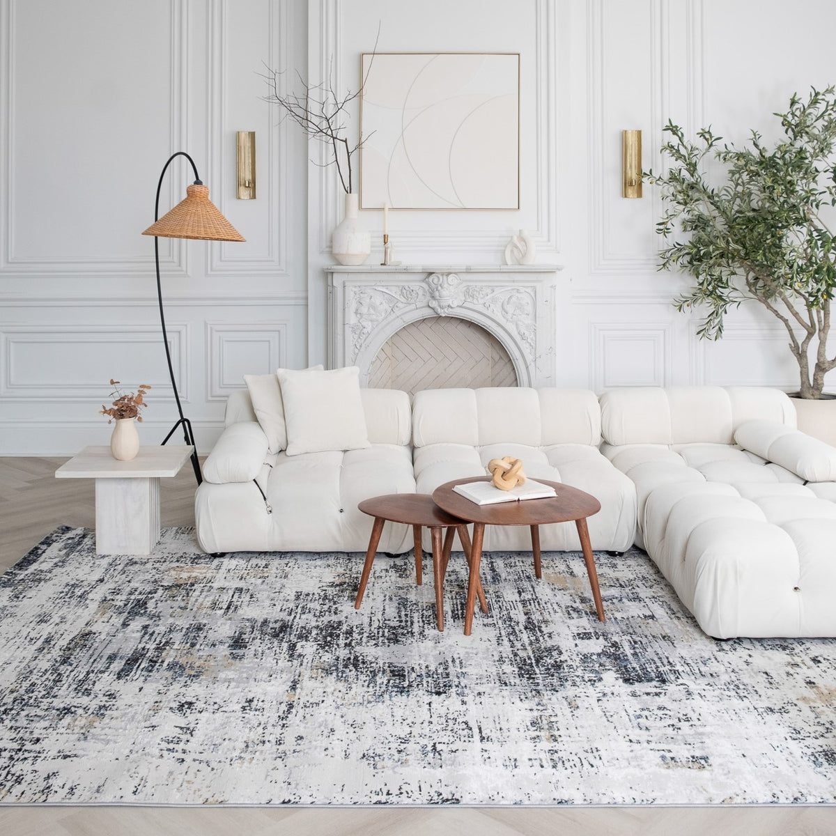 Ashlar Abstract Contemporary White and Beige Indoor Rug