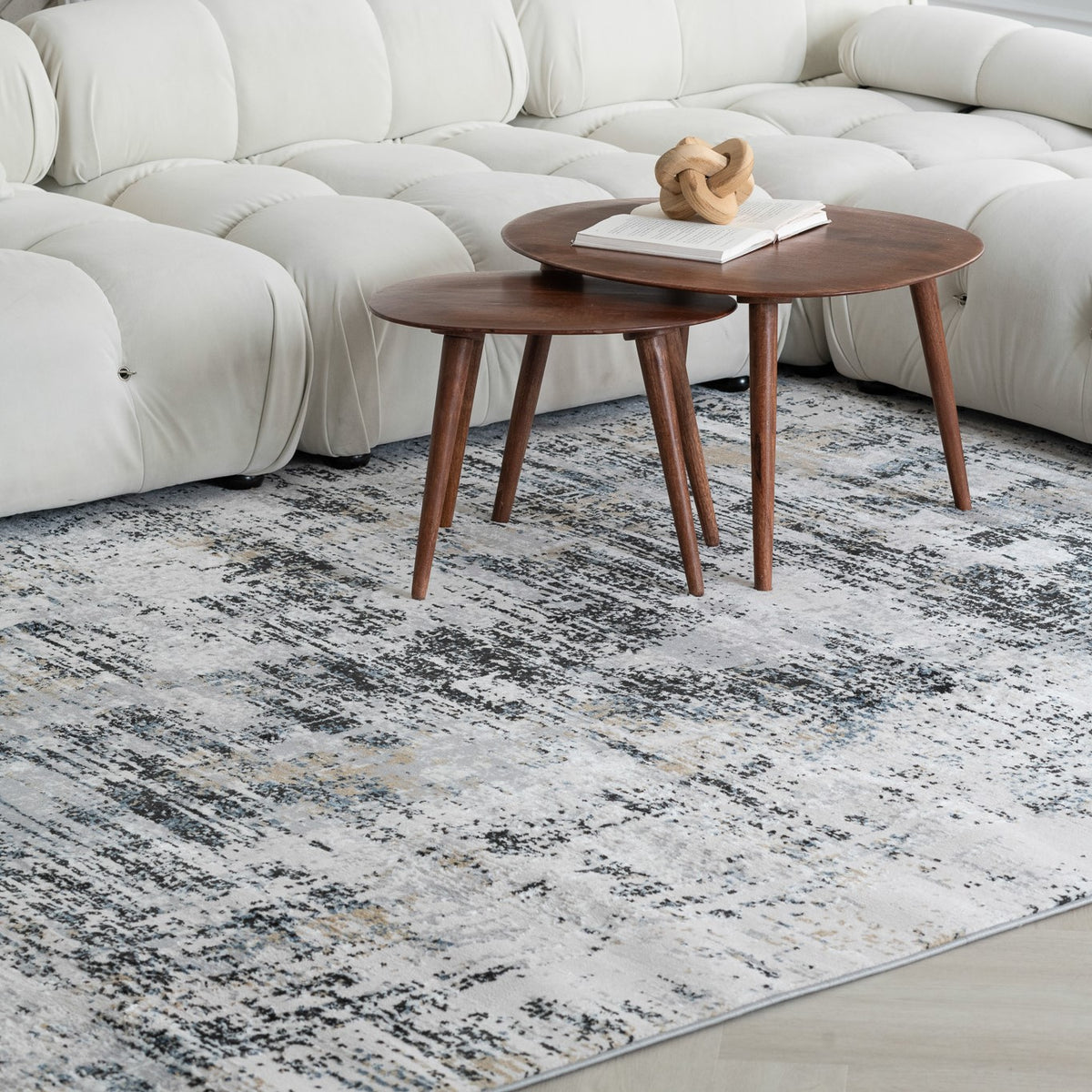 Ashlar Abstract Contemporary White and Beige Indoor Rug