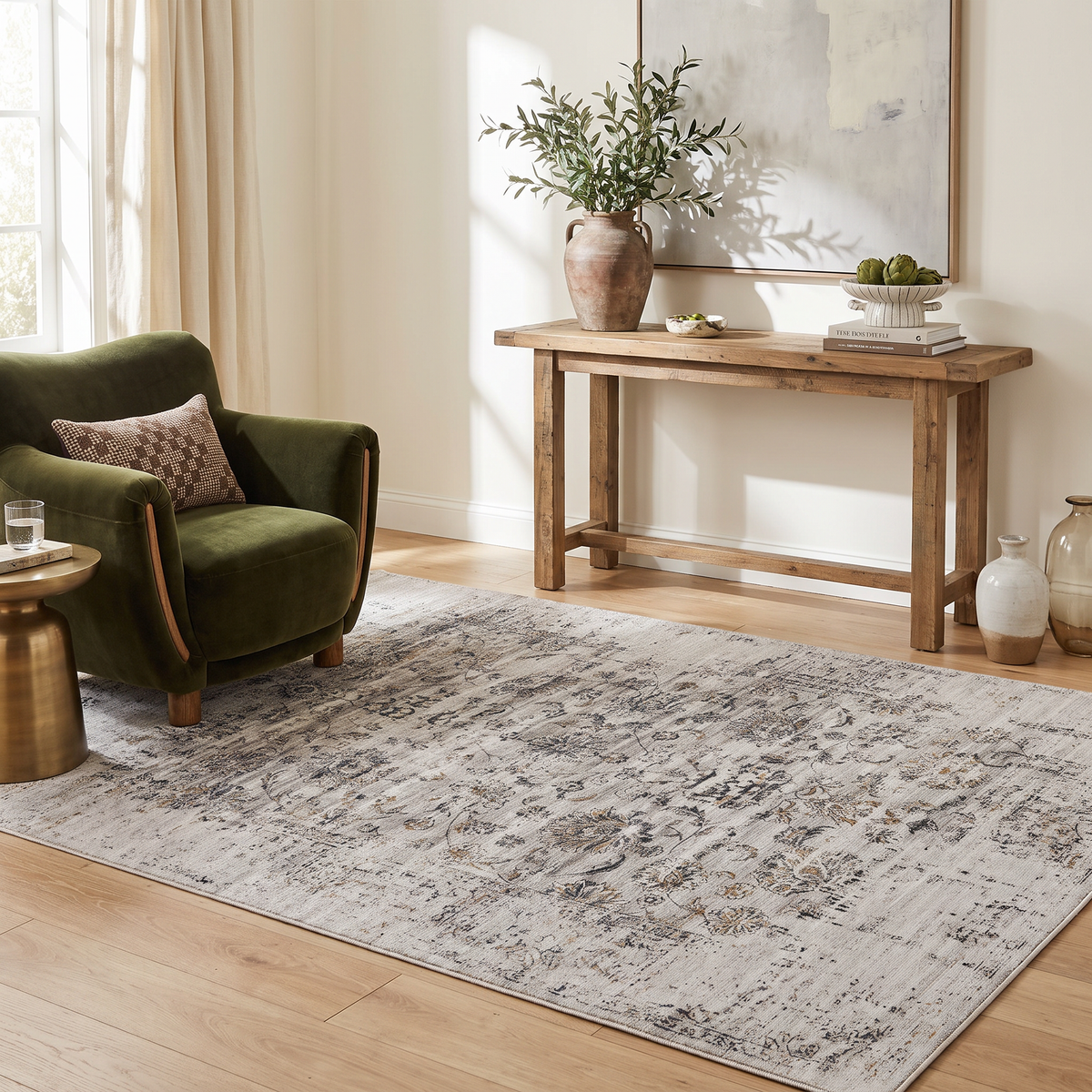 Aria Vintage Floral Transitional Grey and Beige Indoor Rug
