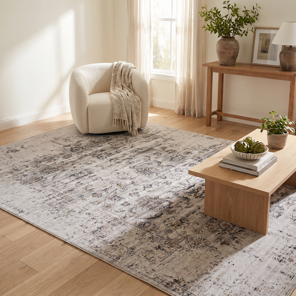 Aria Vintage Floral Transitional Grey and Beige Indoor Rug