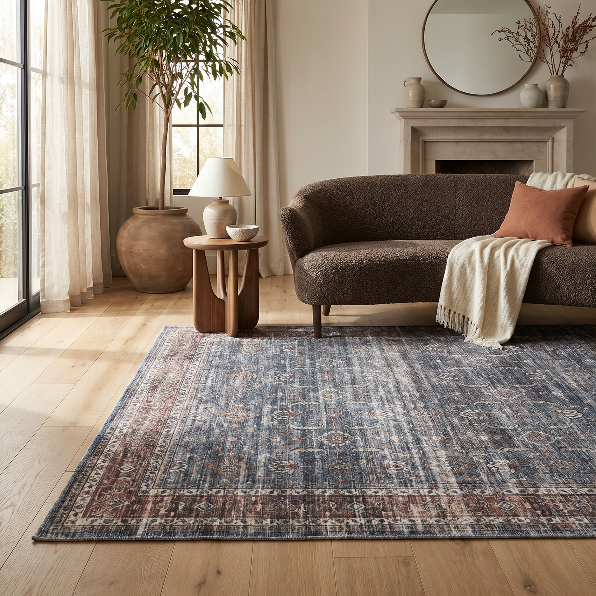 Basima Persian Floral Traditional Blue and Brown Indoor Rug