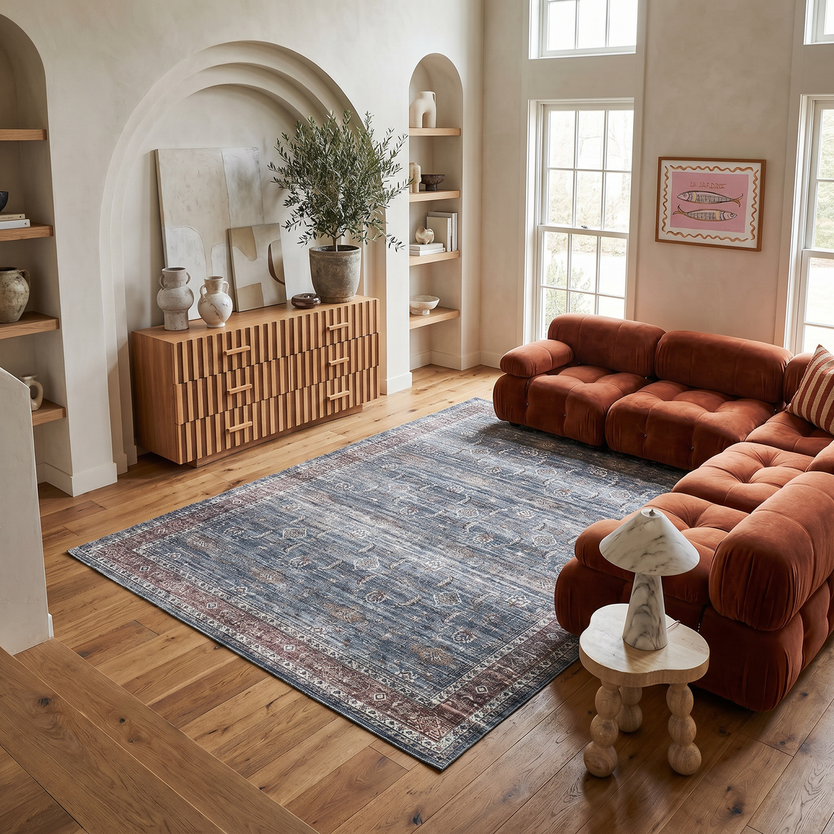 Basima Persian Floral Traditional Blue and Brown Indoor Rug
