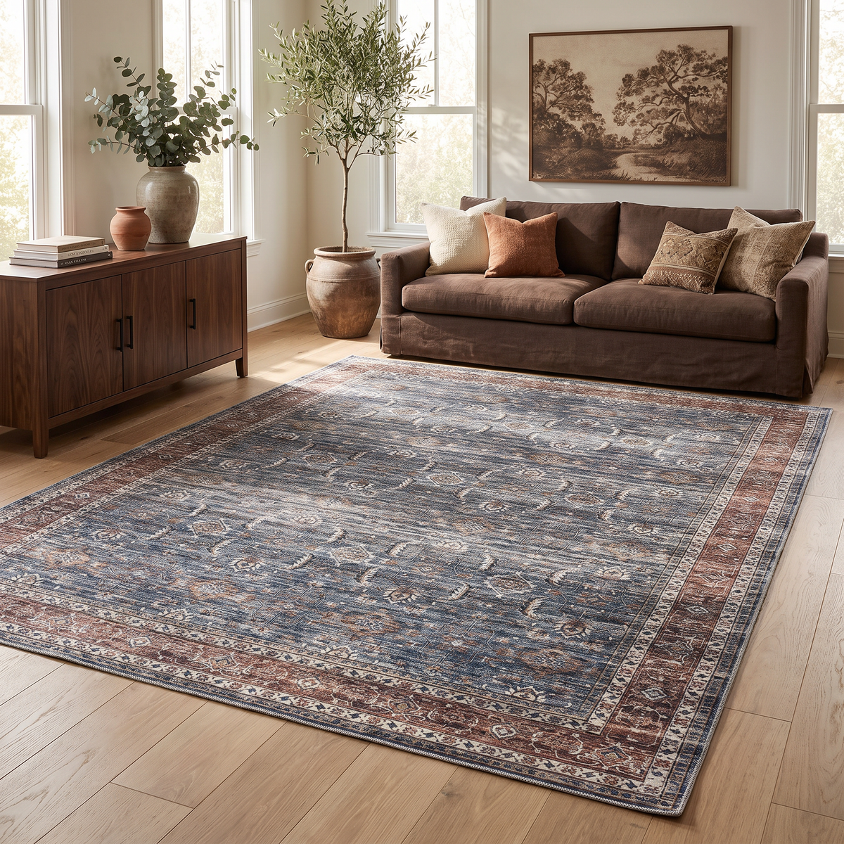 Basima Persian Floral Traditional Blue and Brown Indoor Rug