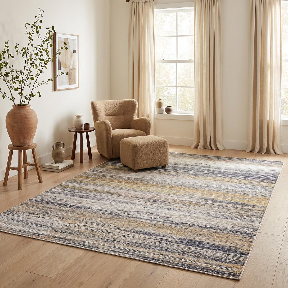 Rosetta Abstract Contemporary Gold and Blue Indoor Rug