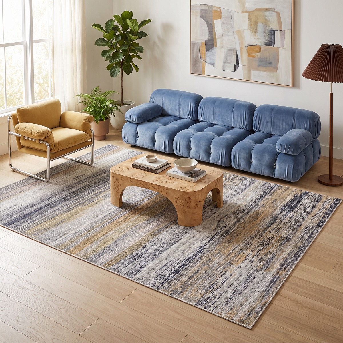 Rosetta Abstract Contemporary Gold and Blue Indoor Rug
