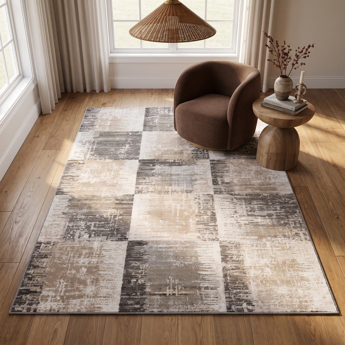 Tapis Lysa abstrait patchwork contemporain marron et beige