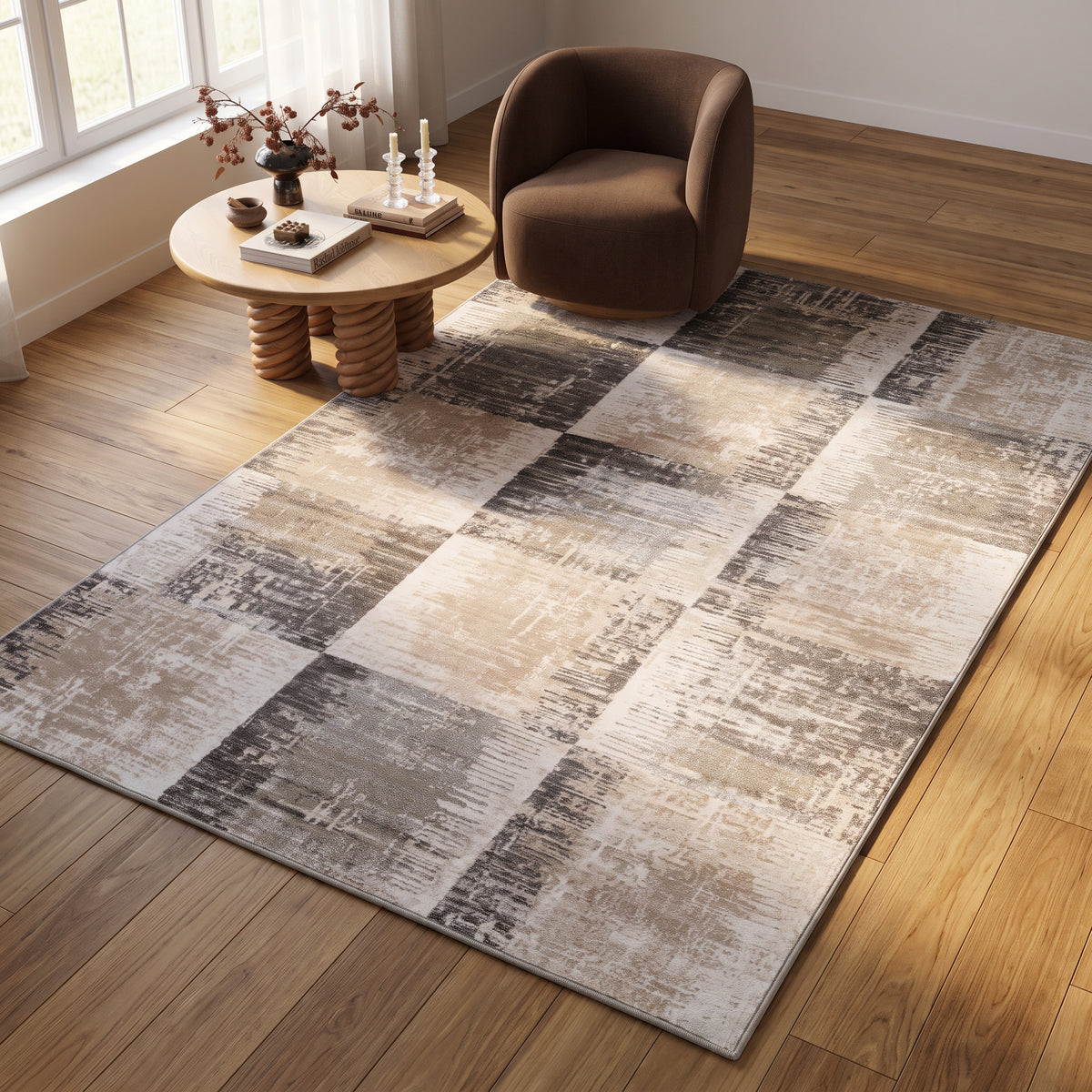 Tapis Lysa abstrait patchwork contemporain marron et beige